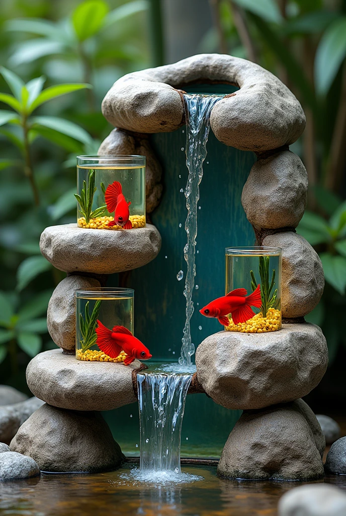 ornamental waterfall made with natural stones and with betta fish aquariums embedded in the stones