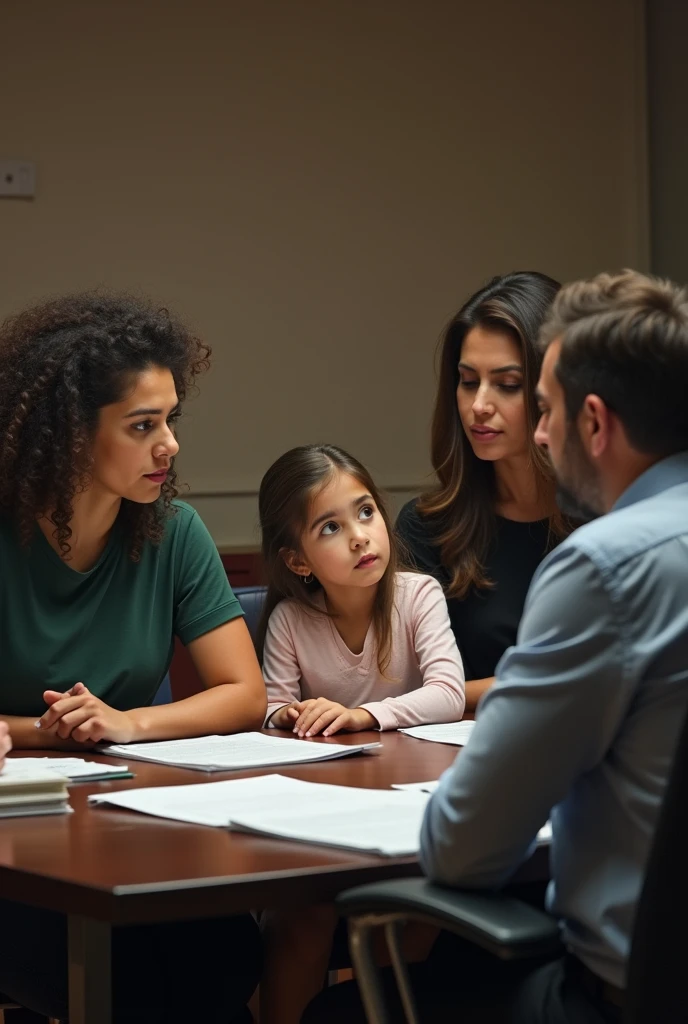 Make a sequence of images of a mediation where the custody of the daughter is disputed since the mother wants to go on a trip to Spain and wants to take her and the father wants her to stay in Ecuador with him because she already has her family and strong intrapersonal relationships. Another additional factor is the presence of a lawyer and the mediator.
