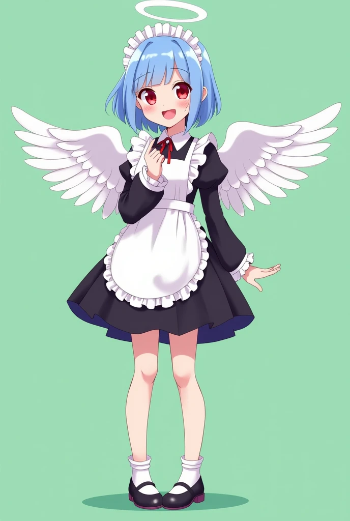 Maid cafe maid with short blue hair, Red eyes, that shows a happy smile, age range between 18 and 26 years, with angel wings, black long sleeve uniform, anime style completely in 2D, with pastel colors, with a completely flat and green background