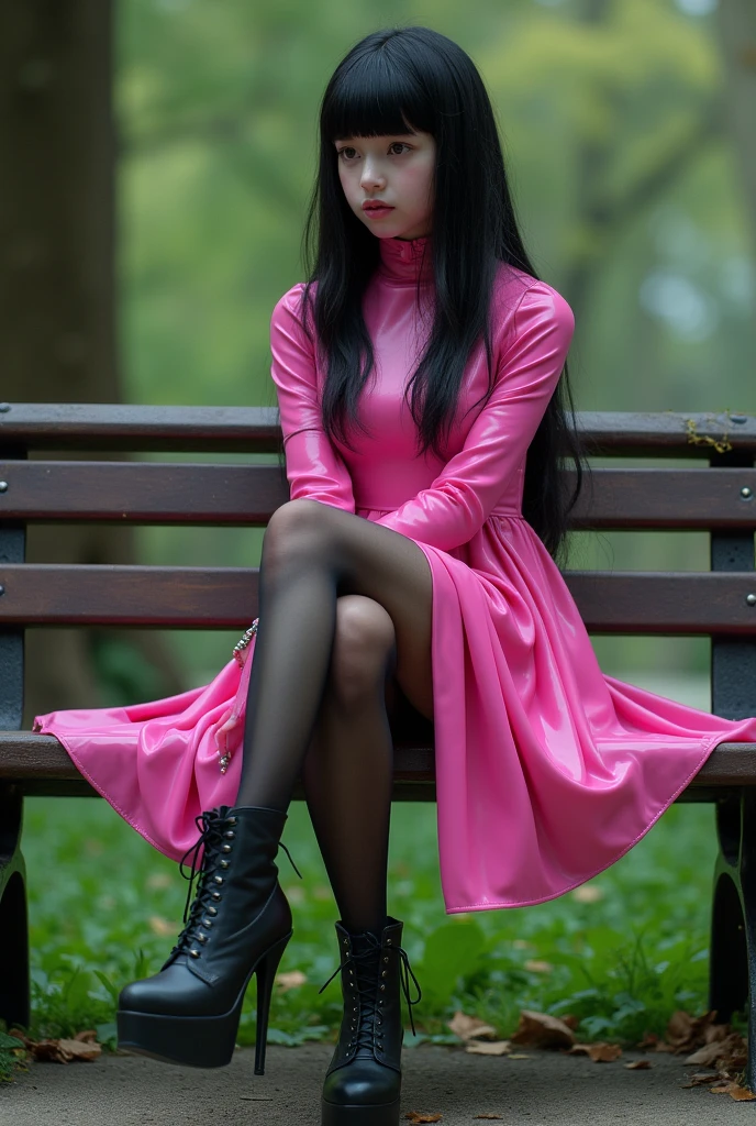 a 13 year old girl with black hair and bangs and a pink latex dress and black high heel thigh high stockings sitting cross legged on a bench outdoors 