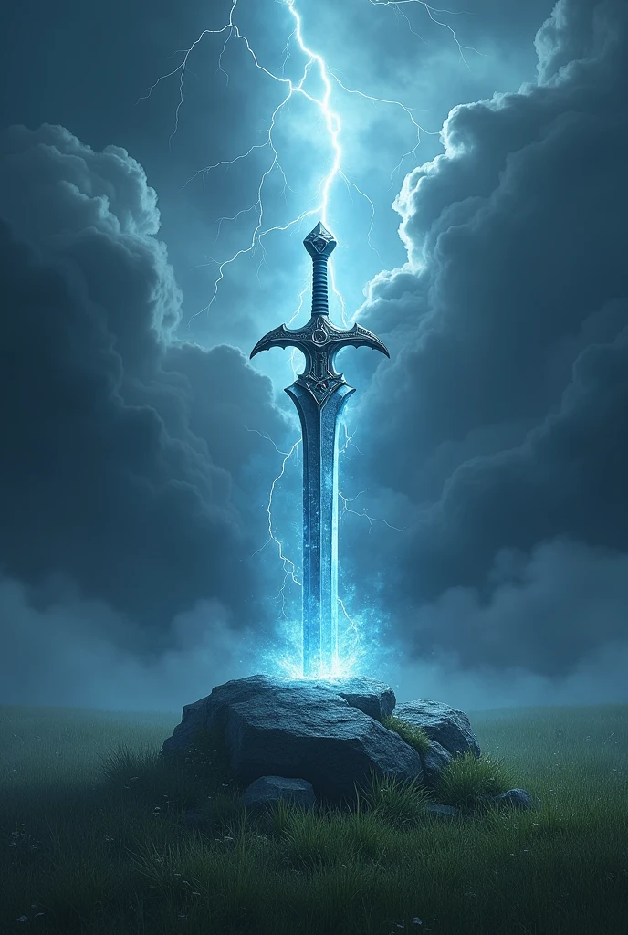 masterpiece、Highest quality、Very detailed、Ultra-high resolution、grassland、thunderstorm、Sword stuck in a rock、The shining aura of truth、The light stretches into the sky and breaks the clouds