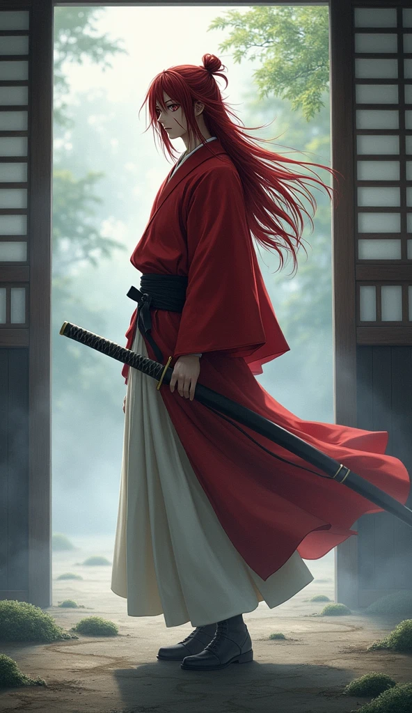 Kenshin Himura stands in a quiet, misty dojo, his red kimono and white hakama flowing gently with the breeze. His long, red hair cascades over his shoulders, and his face, marked by a prominent X-shaped scar, reflects both serenity and underlying sadness. Holding his sheathed katana close, he exudes a sense of calm resolve. The soft light filtering through the shoji screens creates a gentle, reflective atmosphere, emphasizing his internal struggle and commitment to protect others while grappling with his own past. The scene radiates a poignant blend of peace and melancholy, capturing the depth of his character.