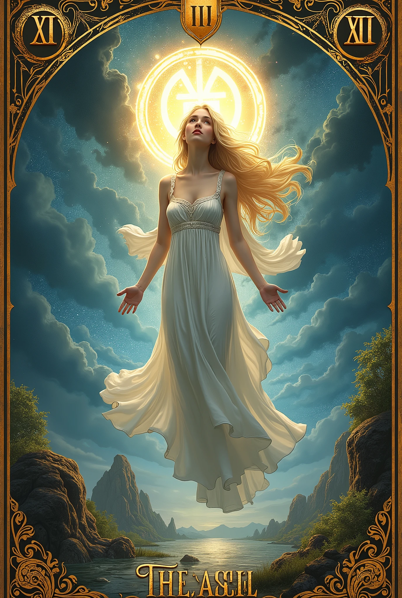 a card, intricate detailed tarot card illustration, tarot card, tarot card "the Goddess", card header text "XI", card footer text "The Angel", text font style medieval, blond hair goddess, white dress, floating in the sky, ((infinity symbol background)), infinity symbol, ouroboros symbol, cinematic lighting, dramatic shadows, vivid colors, rich color palette, surreal tarot card, mystical landscape, shimmering details, ornate patterns