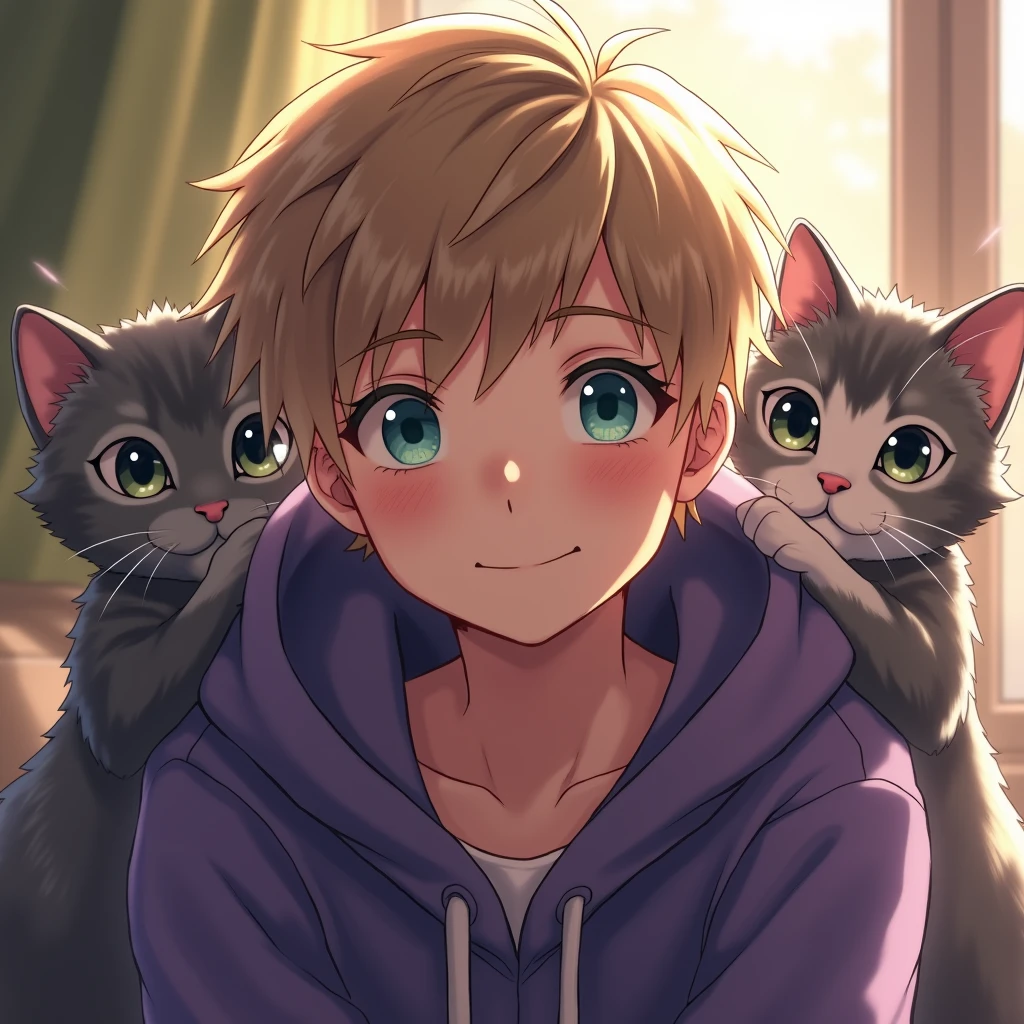 шедевр, Лучшее качество, (1парень), guy, light brown hair, green-blue eye, purple hoodie, cute, один серый котик, другой серый полосатый, cat hand, 4K, 8К,