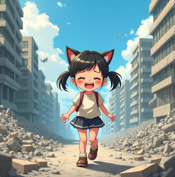 Little, Cute girl walking, Laughing happily, The city was reduced to rubble, Funny deformed manga art,Sad face,
Angry expression,Each pattern of joy, anger, sadness, and happiness,One person, Twin tails, ponytail, Hime cut, Cat ear, Illustration, Highest quality,