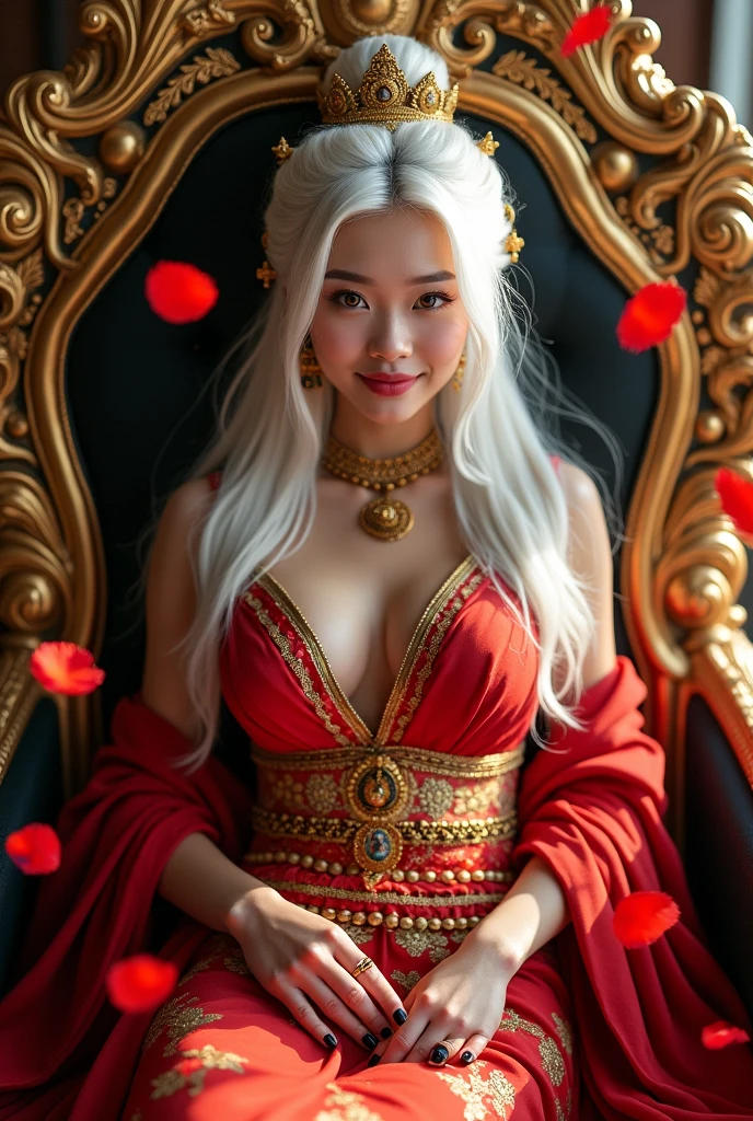 (masterpiece, high resolution:1.3), (beautiful, alluring white girl, red eyes, big breasts:1.3), (South Korean girl in traditional Thai attire with intricate gold-black patterns athletic figure:1.3), (lying on a red cushion of a large throne, cheerful and bright:1.3), (wearing gold jewelry and a black pendant:1.3), ( longer white hair:1.3), (red flower petals floating in the air:1.3), ( black nails:1.3) , ( big breast:1.5) , (4K cinematic quality:1.3), (((sfw)))