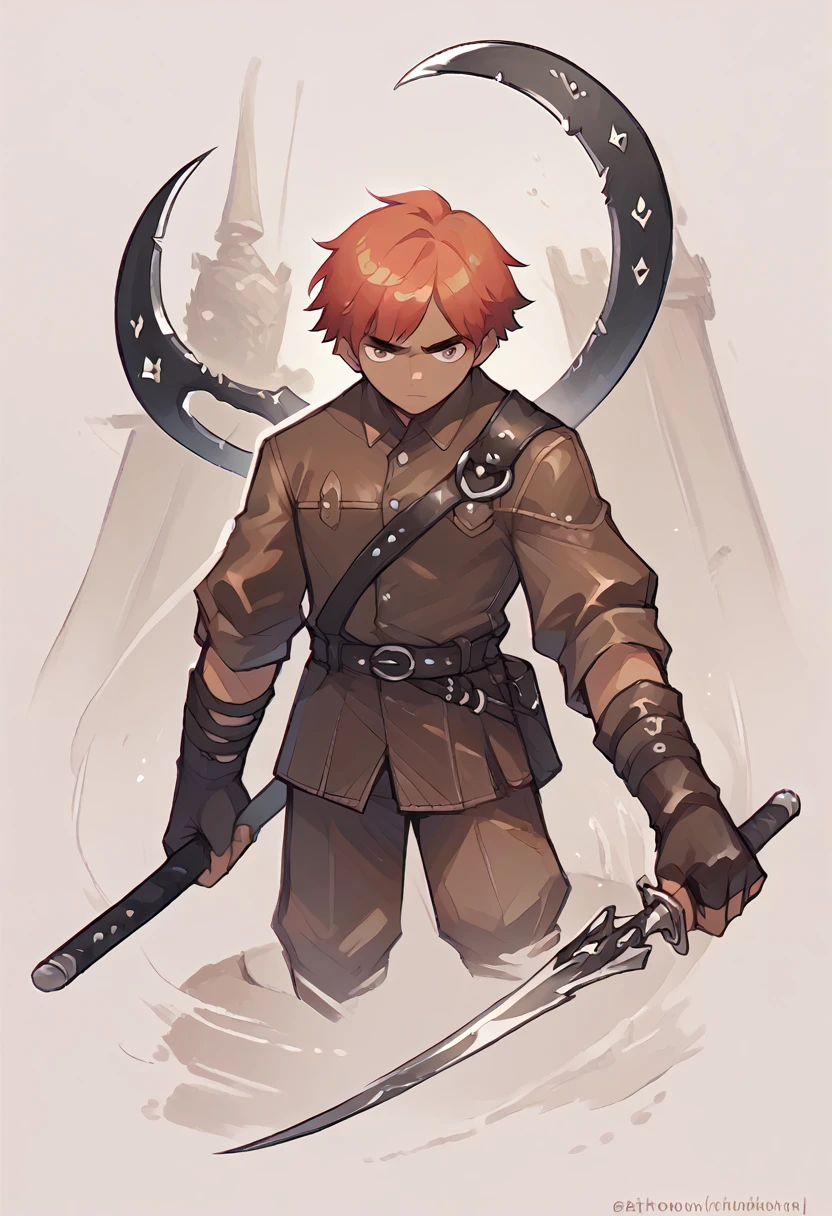 a short dark-haired man wielding a medium sword and carrying a scythe in his second hand wearing leather clothing 