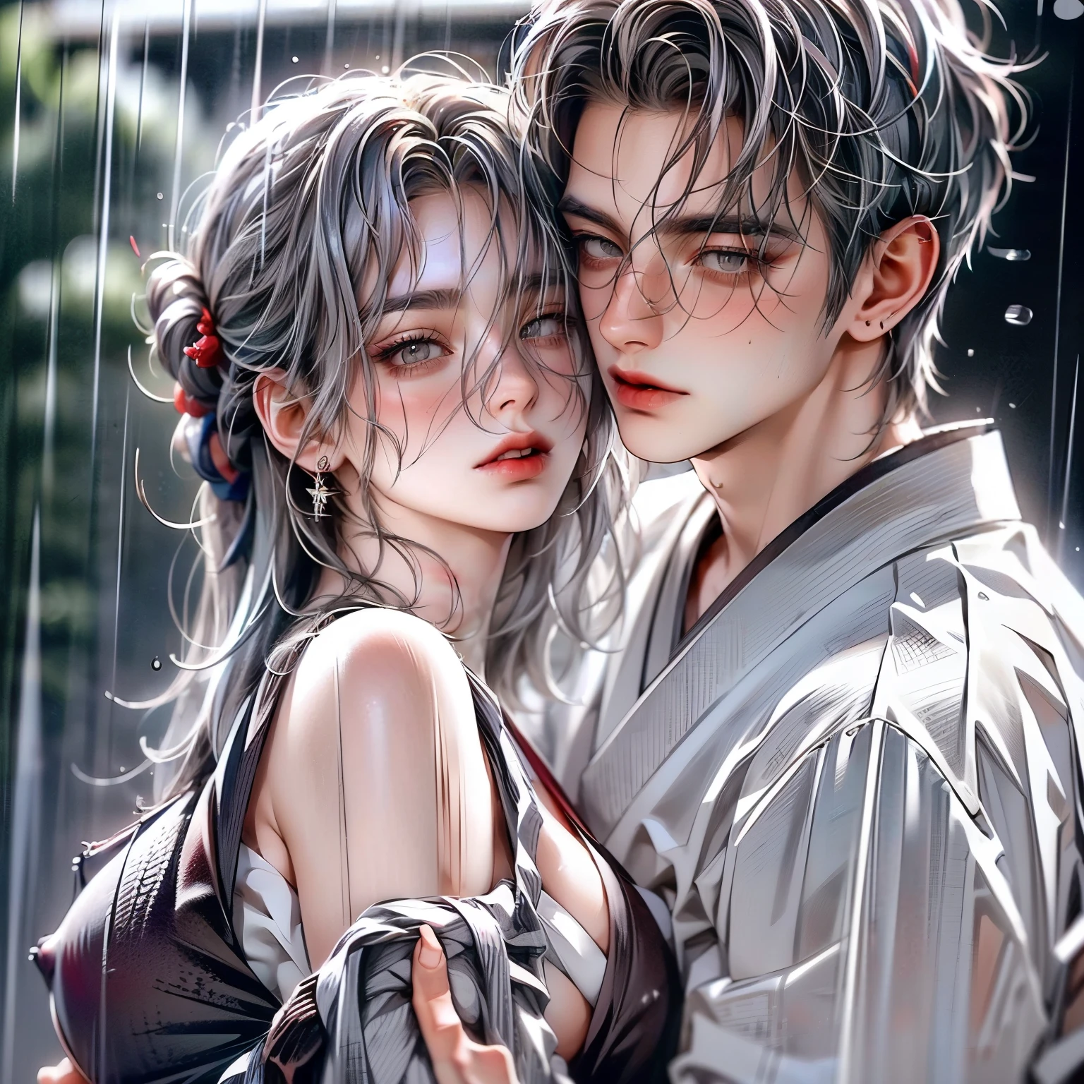 (masterpiece), (5K), (best quality), 2d Couple, ((a young gray hair couple)), ((a gray hair woman , sharp eyes, slit_ pupils, pale eyes, small boobs, red dress)), brown eyes, ultra well detailed eyes, ((a gray hair guy)), ((japanense clothes), beautiful couple pose, raining