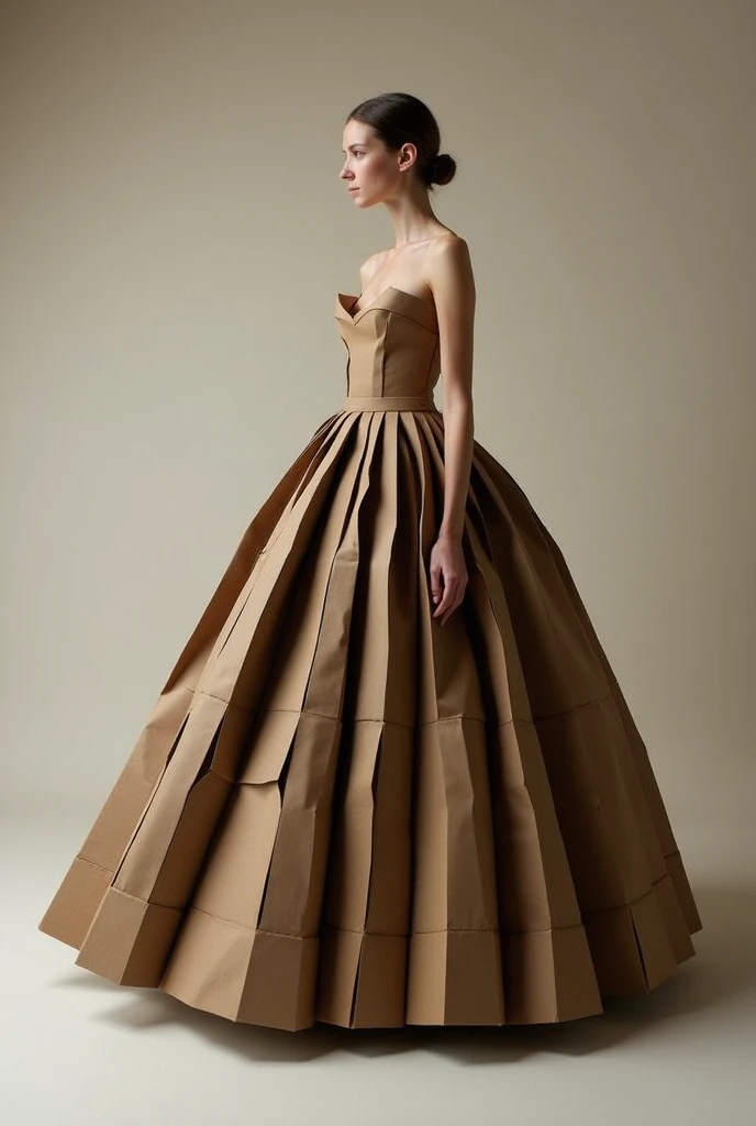 A girl wearing a ball gown, a long dress with a cut at the shoulders and a low neckline, exposed arms and long, puffy skirts, made of cardboard in different colors, such as brown and dark brownish.