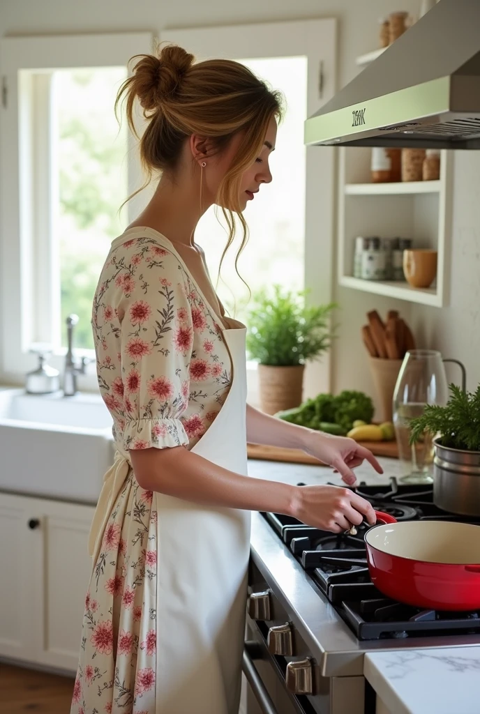 Woman with wavy hair tied up, dressed in a floral midi dress and white apron, cooking in a le creuset pot on an american stove, in a white Provencal kitchen with paneled doors and white marble countertops, a glass of wine on the side, a cutting board with vegetables and a knife under the counter 