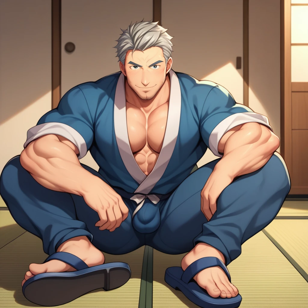 maimoto, solo,1boy,1male,rugged face male,droopy eyes,glay eyes,Small eyeballs,mature male,manly,muscular,gray hair,short suit hair,designer stubble,blue japanese clothing with long sleeves (samue),long blue pants,clothing and pants have same color,japanese sandals(zori),in the traditional japanese-style tatami rooms,arge pectorals,Huge Arms,foot fucus,must have five toes