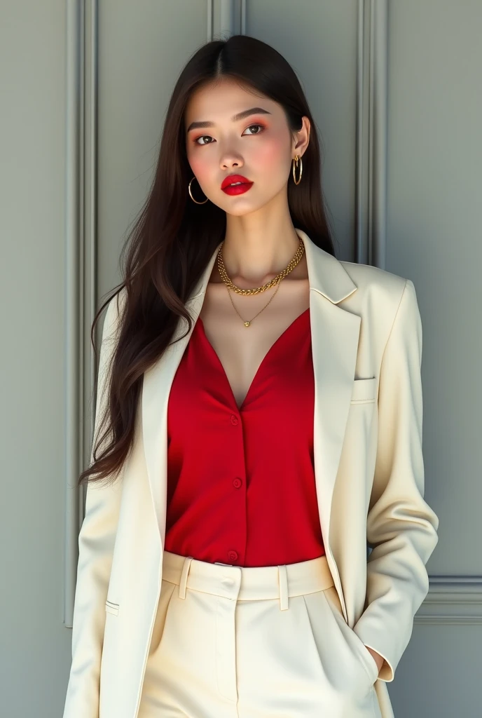 young woman, long straight hair in dark brown color, brown eyes and fair skin. Wear bright red lipstick, with the background of a light gray wall and she is wearing an off-white blazer and a red blouse without a neckline and off-white dress pants. She is wearing a gold necklace and earrings.