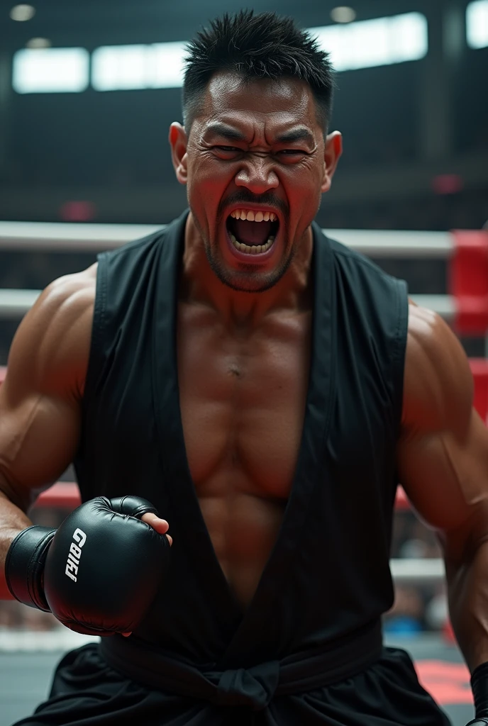first person view, 8k, martial arts championship, against a Japanese bodybuilder man in a Black kimono, attacking his face, showing hatred with his teeth clenched, strong and defined abdomen and chest, closed fist, realistic, adrenaline, emotion, first person view! (Tattoo text:Rodrigão)