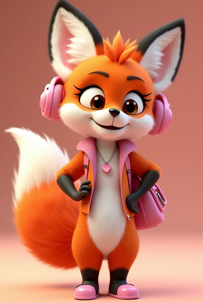 Create a 3D Disney Pixar style fox named Chic Fox. She must exude a modern personality, elegant and captivating, perfect for a section dedicated to accessories and fashion.
colors: Vibrant shades of orange and white, with pink details and accessories to maintain cohesion with the other mascots.
Accessories:
Headphone Type Earphone: A pair of modern headphones with pink ear pads and frames. Design may include metallic finishes or subtle patterns.
Modern Backpack: A stylish backpack in pink, with lighter pink or metallic details. The backpack may have elements such as shiny zippers, patches ou estampas fashion.
smartwatch: A modern smartwatch with a pink strap, adding a touch of sophistication and functionality to the look.
vestimentas: A basic pink shirt, Woman's style, that complements the look in an elegant and modern way.
Expressions: Confident smile and bright brown eyes, with an expression that conveys style and sophistication.
Activities and Poses:
Usando o Headphone: Showing the fox using the headphones, perhaps adjusting them or listening to music with a satisfied smile.
Modeling the Backpack: Showing off the trendy backpack and smartwatch, showing how accessories match.
Style Tips: Pointing to a board with tips on how to choose and use accessories, how to combine headphones, backpacks and smartwatches.
Interactivity on the Website:
Hover animations: Animated movements like adjusting headphones, show the smartwatch in operation, or interact with the backpack.
Fashion Messages: Friendly messages with tips on accessories, fashion trends and how to combine items for a modern look.