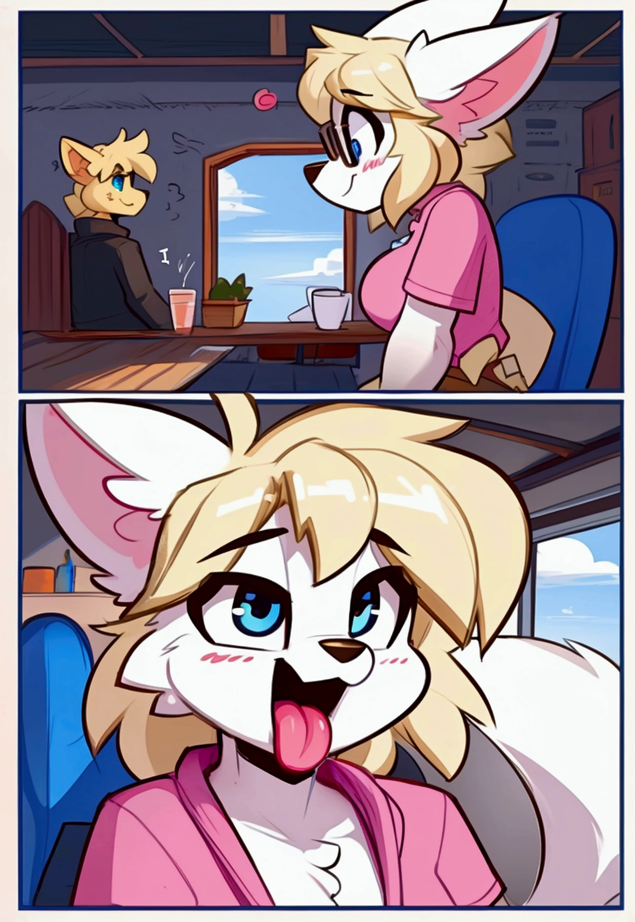 (by wamudraws, by burgerkiss, at terans, by freeedon, by Kilinah, by Coffeesoda, by Hioshiru, by Kilinah),alone, punctuation_9,punctuation_8_High above,punctuation_7_High above, a young hairy wolf Anthro nerd,,childnine,young wolf girl, wolf muzzle,white wolf ears, white hairy body, Cao Cao, long messy blonde hair,long hair, hair blonde, white wolf tail, black glasses, blue colored eyes, white wolf ears, white wolf tail, breasts small, short preto ,,he would be,fly away,portraite,unexpressive,close up looking forward,white ear,icons,high qualiy,ahegao,excited