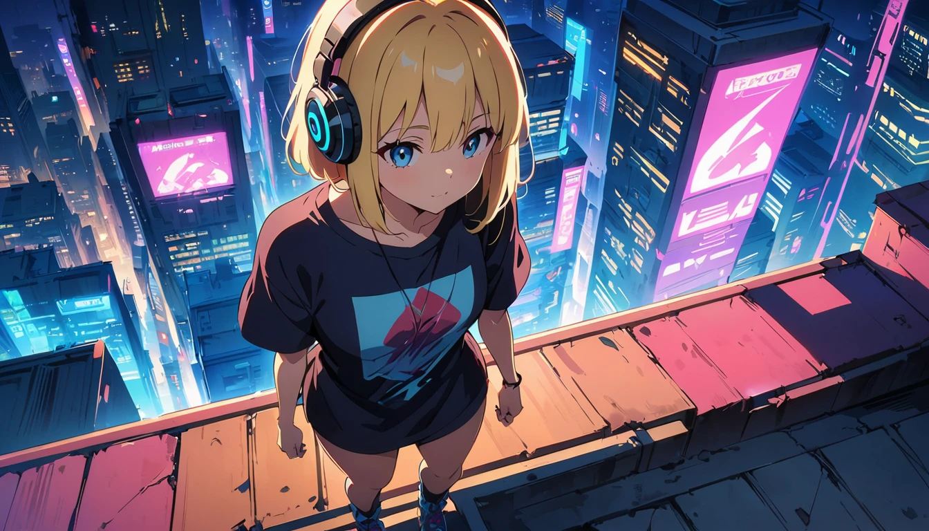(masterpiece, Highest quality:1.2), (Anime artwork, Anime Style, Studio Anime, Very detailed, Latest, Vibrant, Anime Coloring, High Contrast, masterpiece:1.2, Highest quality, Best aesthetics), ((View from the roof of the building:1.2, A woman stands on the rooftop, overlook, A view so beautiful it makes your legs tremble)), Cyber City, ((Digital Cyberpunk - Anime Art)), Shortcuts, Eyes of determination,((Oversized T-shirt))Headphones