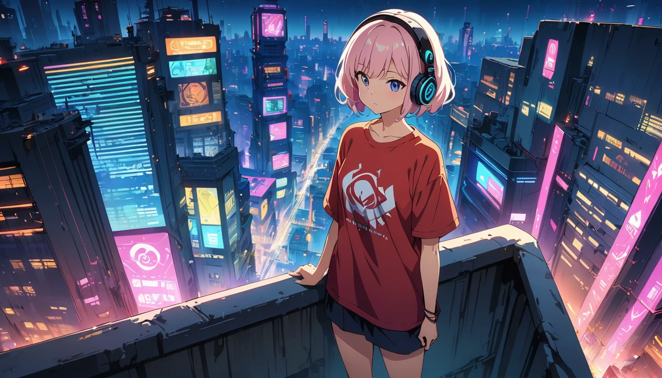 (masterpiece, Highest quality:1.2), (Anime artwork, Anime Style, Studio Anime, Very detailed, Latest, Vibrant, Anime Coloring, High Contrast, masterpiece:1.2, Highest quality, Best aesthetics), ((View from the roof of the building:1.2, A woman stands on the rooftop, overlook, A view so beautiful it makes your legs tremble)), Cyber City, ((Digital Cyberpunk - Anime Art)), Shortcuts, Eyes of determination,((Oversized T-shirt))Headphones