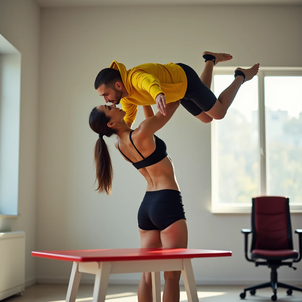 A high-resolution photograph capturing a powerful and graceful moment in an indoor setting. A fit, strong woman wearing black athletic shorts and a sports bra effortlessly lifts a man above her head with one hand, her posture showing perfect balance and control. The man, wearing a bright yellow sweatshirt and black pants, appears amazed by her strength, his body fully extended and relaxed. The scene takes place in a modern, minimalistic room with soft natural light streaming through a window, highlighting the woman’s athletic physique and the man’s surprised expression. A red and white table is visible in the foreground, adding a pop of color, while a black and red office chair in the background complements the overall color scheme