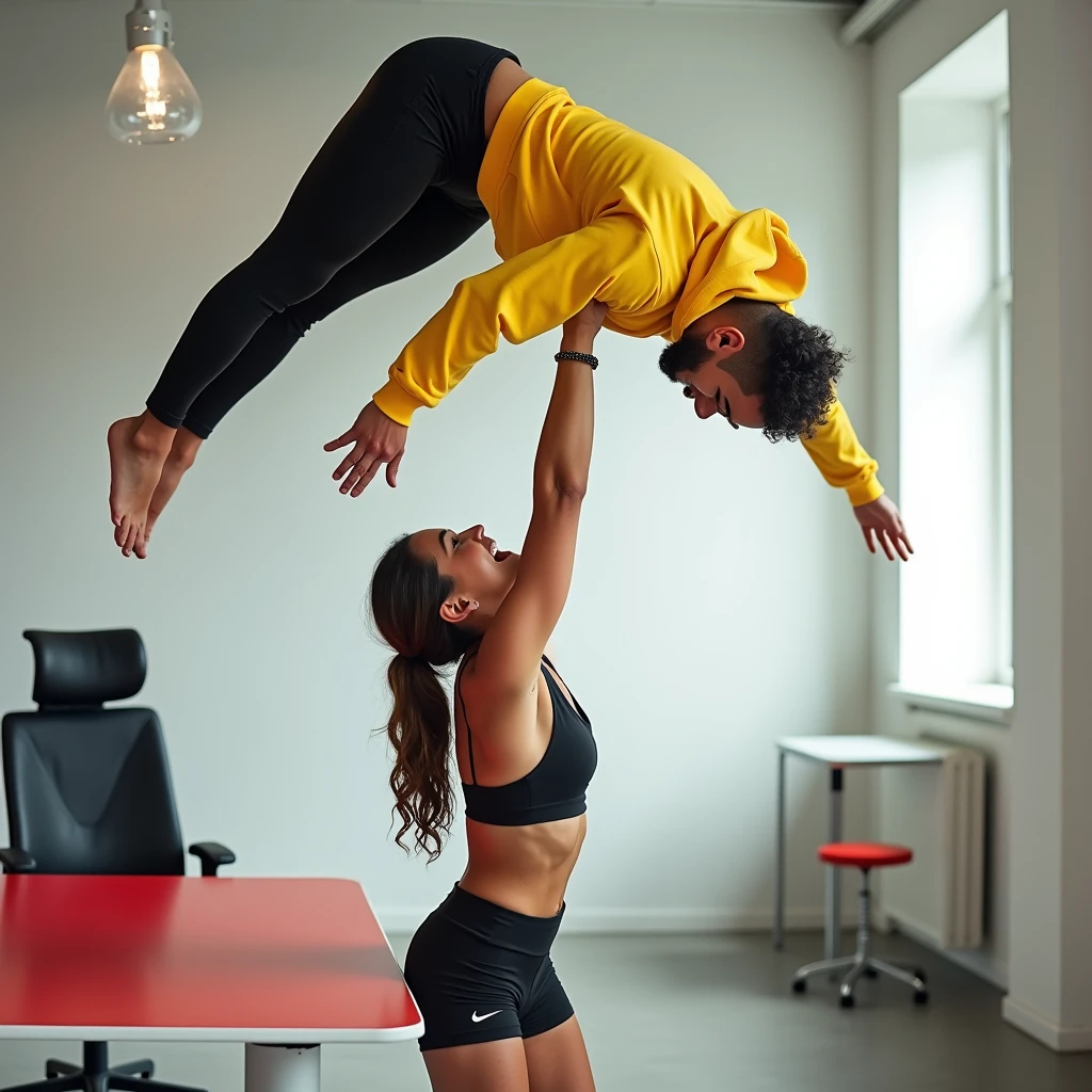 A high-resolution photograph capturing a powerful and graceful moment in an indoor setting. A fit, strong woman wearing black athletic shorts and a sports bra effortlessly lifts a man above her head with one hand, her posture showing perfect balance and control. The man, wearing a bright yellow sweatshirt and black pants, appears amazed by her strength, his body fully extended and relaxed. The scene takes place in a modern, minimalistic room with soft natural light streaming through a window, highlighting the woman’s athletic physique and the man’s surprised expression. A red and white table is visible in the foreground, adding a pop of color, while a black and red office chair in the background complements the overall color scheme