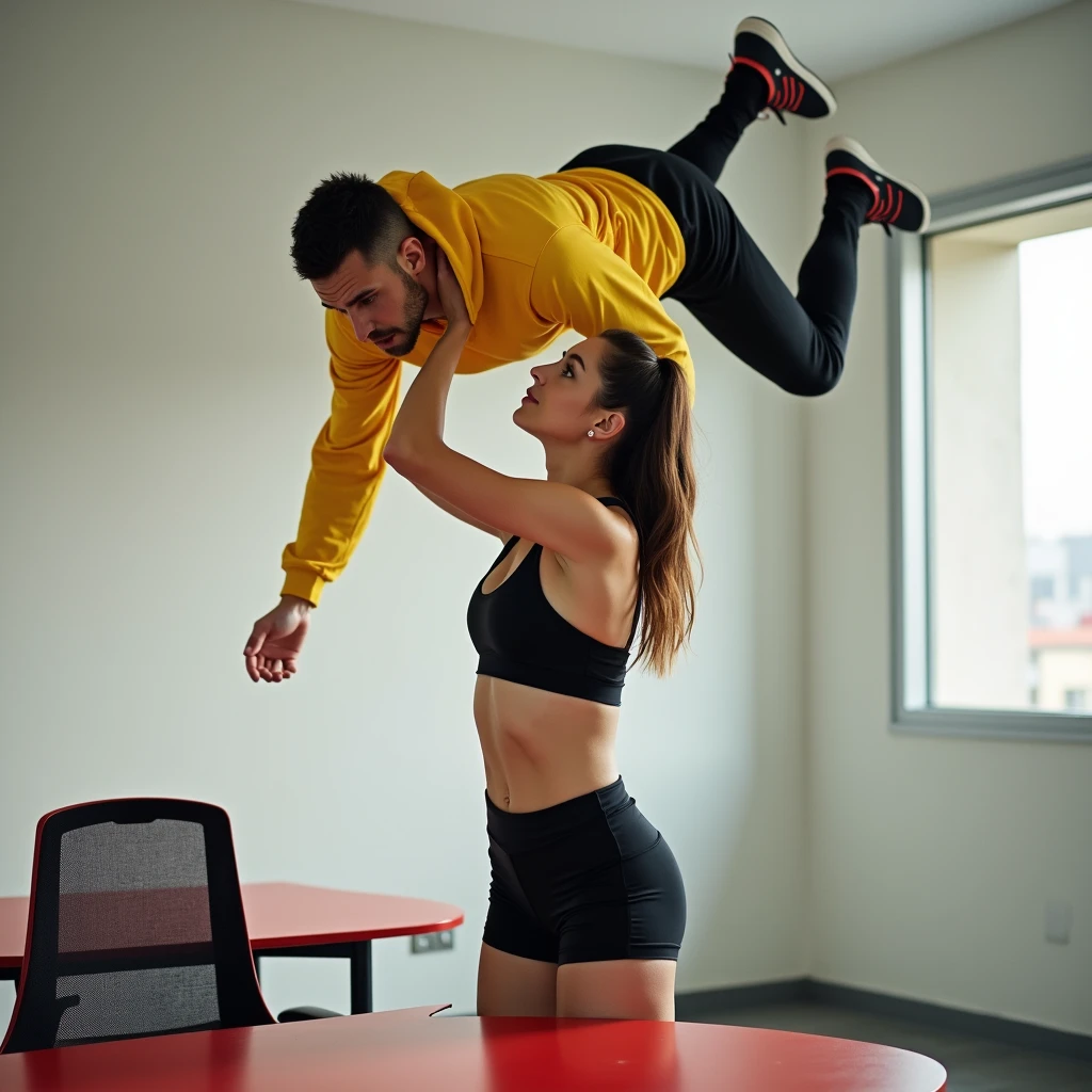 A high-resolution photograph capturing a powerful and graceful moment in an indoor setting. A fit, strong woman wearing black athletic shorts and a sports bra effortlessly lifts a man above her head with one hand, her posture showing perfect balance and control. The man, wearing a bright yellow sweatshirt and black pants, appears amazed by her strength, his body fully extended and relaxed. The scene takes place in a modern, minimalistic room with soft natural light streaming through a window, highlighting the woman’s athletic physique and the man’s surprised expression. A red and white table is visible in the foreground, adding a pop of color, while a black and red office chair in the background complements the overall color scheme