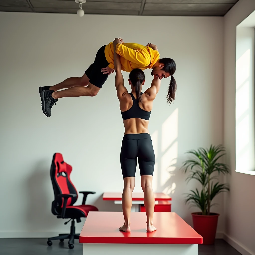 A high-resolution photograph capturing a powerful and graceful moment in an indoor setting. A fit, strong woman wearing black athletic shorts and a sports bra effortlessly lifts a man above her head with one hand, her posture showing perfect balance and control. The man, wearing a bright yellow sweatshirt and black pants, appears amazed by her strength, his body fully extended and relaxed. The scene takes place in a modern, minimalistic room with soft natural light streaming through a window, highlighting the woman’s athletic physique and the man’s surprised expression. A red and white table is visible in the foreground, adding a pop of color, while a black and red office chair in the background complements the overall color scheme