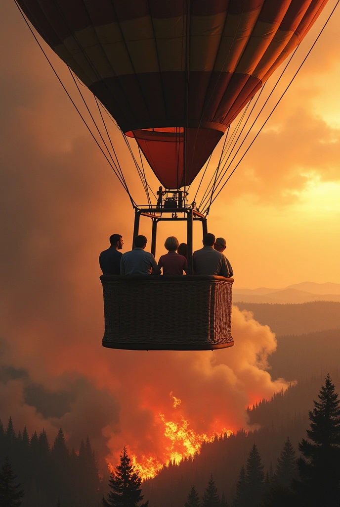 There are 5 people in a hot air balloon looking down at the burning forest