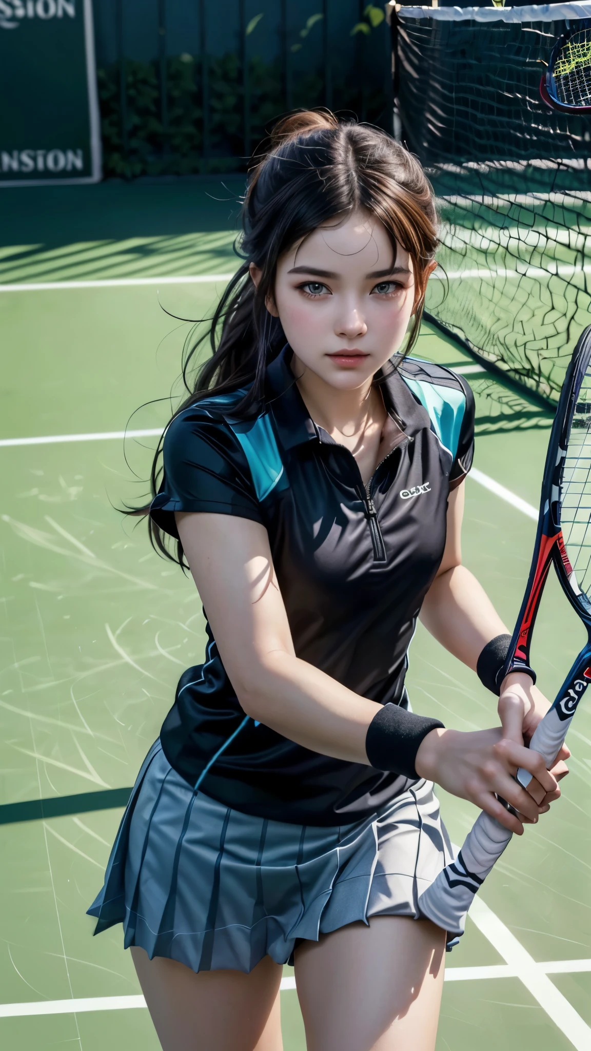 a close up of a person holding a tennis racket, artwork in the style of guweiz, inspired by Ion Andreescu, trending on cgstation, trading, realistic rackets, a girl playing tennis, 8k artgerm bokeh, digital art #oneshotgame, nft portrait, (full body:1.8), (upper body up:0.3), (hyper realistic:1.4), (realistic:1.3), (best quality real texture skin), Detailed eyes, detailed face, PERSEPHONE, (NSFW:1.5) Hyperrealistic, LESS saggy breasts, (SMALL BREASTS:1.5), (HUGE LEGS:1.5), (LESS THIGHS:1.5), pernas perfeitas, pernas perfeitas, pernas lisas, pernas lisas e perfeitas, pernas torneadas, coxas torneadas, pernas lisas, coxas lisas. (pose erótica:1.5), (sobrancelhas espessas:1.2), (Grandes olhos roxos:1.2), (olhos ultra detalhados:1.4), (Olhos de alta resolução:1.1), (textura de pele ultra detalhada:1.4), (Belo corpo tonificado:1.1), arco de cabelo, (Pele úmida:1.1), (rosto sensual:1.5), (tan, muscular, , child, toddlers, girl, teen, sd character:1.5), (SD CHARACTER:1.5), (SD, CHARACTER:3.0), LITTLE PERSON, SMALL PERSON, MIDGET, (tan, muscular, , , child, , toddlers, chibi, sd character:1.1),