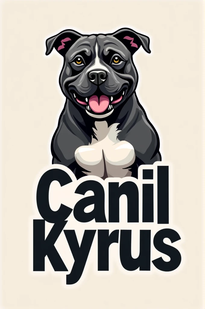 Create a logo with an image of a low American Bully with the phrase CANIL KYRUS written on it 