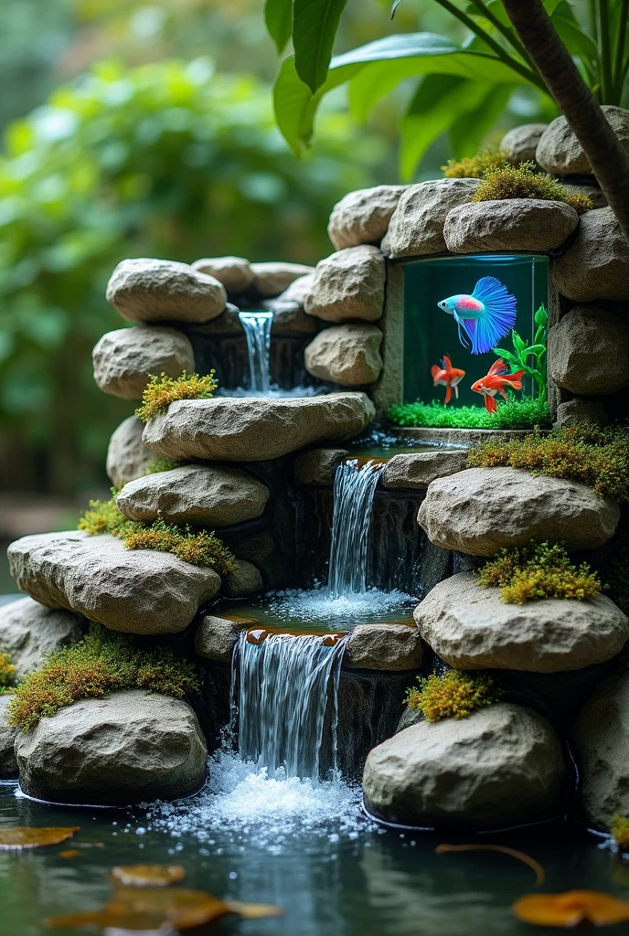  ornamental waterfall made with natural stones and with betta fish aquariums embedded in the stones