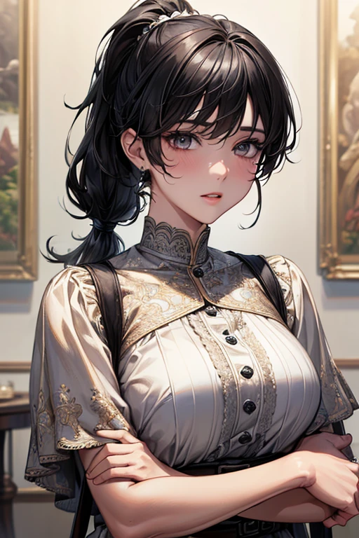 ((Highest quality)),(超High resolution),(Very detailed),(Detailed Description),((The best CG)),(masterpiece),Ultra-detailed art、(Highest quality、8k、32K、masterpiece)、(Realistic)、(Realistic:1.2)、(High resolution)、Very detailed、Very beautiful face and eyes、1 female、((:1.3))、Tight waist、Delicate body、Big Breasts、(Highest quality、Attention to detail、Rich skin detail)、(Highest quality、8k、Oil paints:1.2)、Very detailed、(Realistic、Realistic:1.37)、Bright colors、((Black Hair、ponytail:1.3))