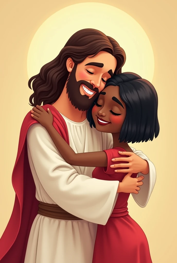 Um Jesus radiante, rodeado por uma aura divina, tenderly embraces a young black woman, portraying a feeling of love and acceptance. This moving moment is depicted in a beautifully detailed painting, where rich colors and complex brushstrokes bring the scene to life. The young woman's eyes reflect a mixture of admiration and gratitude, while Jesus' gentle smile exudes compassion and warmth. The overall composition exudes a sense of spiritual connection and emotional depth, tornando-a uma imagem verdadeiramente inspiradora.