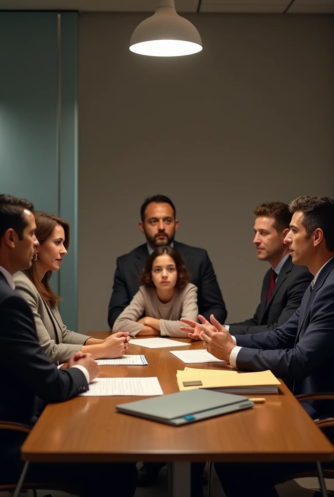 Make a sequence of images of a mediation where the custody of the daughter is disputed since the mother wants to go on a trip to Spain and wants to take her and the father wants her to stay in Ecuador with him because she already has her family and strong intrapersonal relationships. Another additional factor is the presence of a lawyer and the mediator.