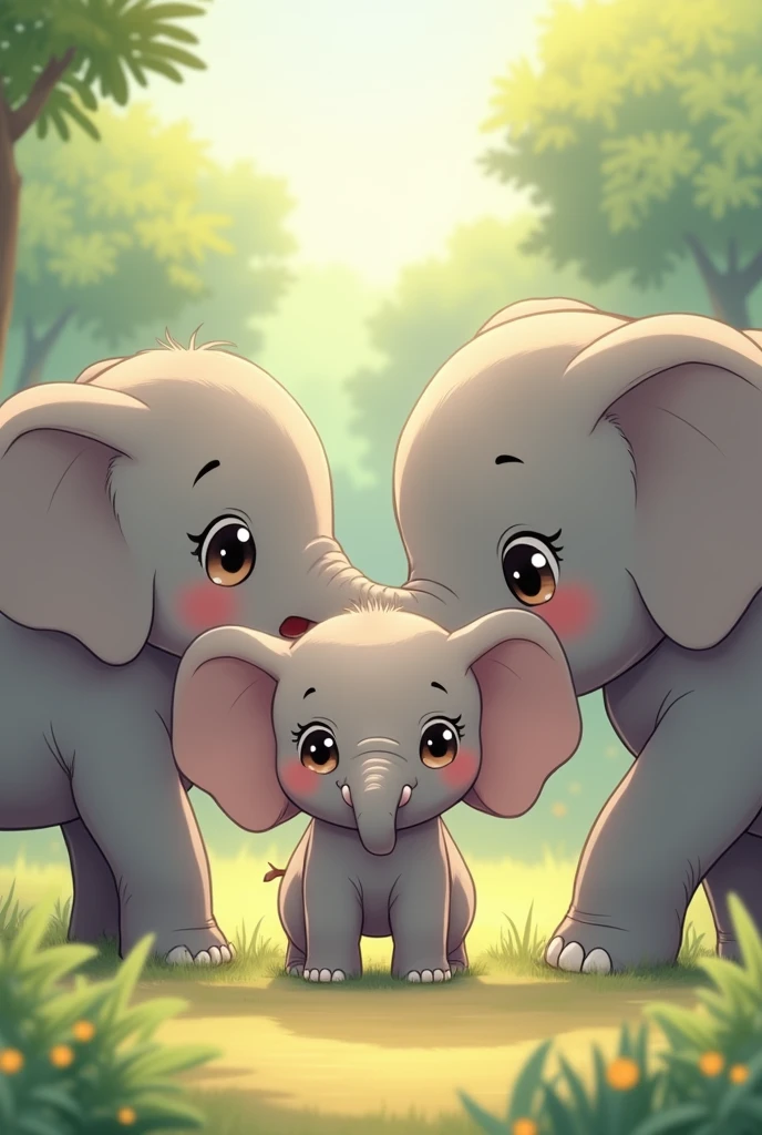 Simple and cute, with gentle colors like a picture book , 8k, Highest quality,cute,Big anime eyes,elephantはfamilyの大きい象たちに迎えられ、Welcomed with warmth and pride (image: elephant, family, Reunion)