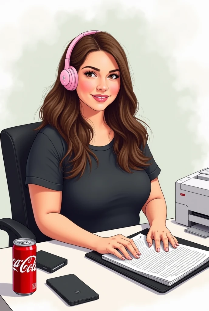 I want you to create a relaxed drawing of a secretary, not too fat, not too thin, with long brown hair below the waist, sitting at her desk. In the image, the image is in front of the secretary. The secretary is at a white desk with a black notebook and light pink hearing aids. A can of black Coca-Cola Zero is on the desk. A white printer and a pad of paper. She is sitting in a black chair. She is looking and signing. Very friendly. She is wearing headphones and light pink hearing aids. In this image, she is important. She is wearing a black t-shirt. Her hair is long and goes below the waist. She has a round face. She is wearing a black t-shirt. Right. She is typing something on her notebook.
