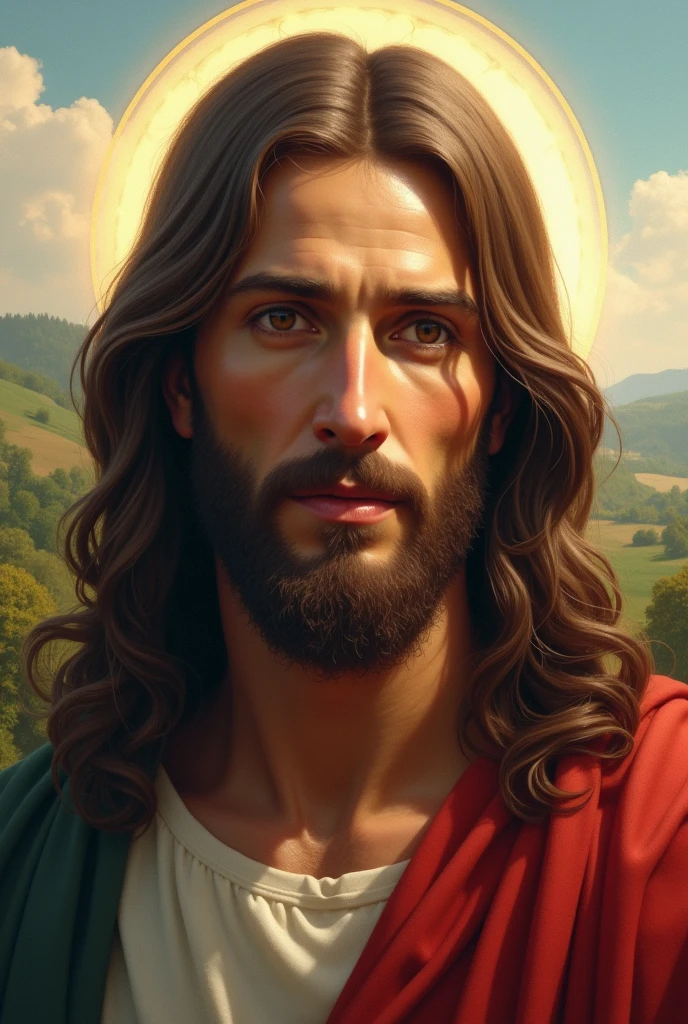 Image of Jesus with a landscape showing his face closer