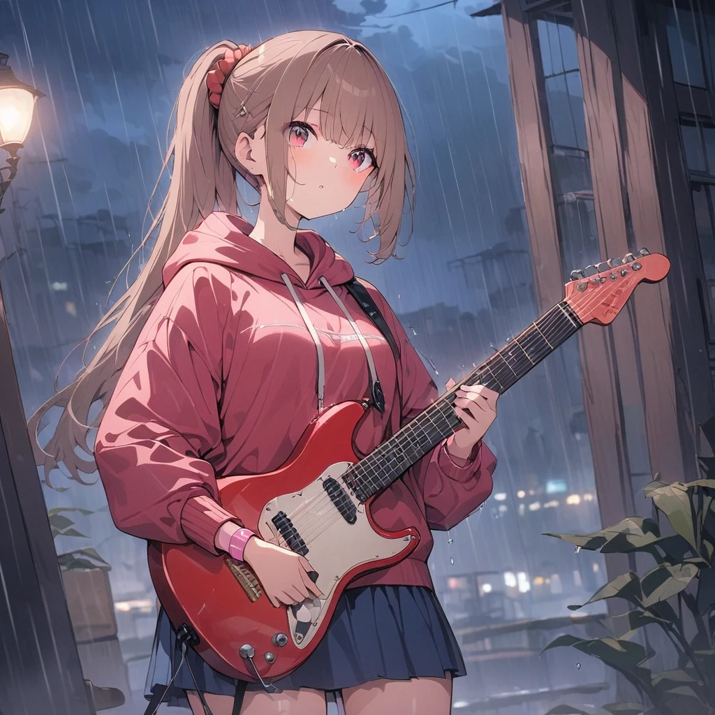 (((anime))) One woman standing,Woman is looking upwards,Holding a guitar,Red base (Brown Hair),Long Hair,ponytail,Red scrunchie (Red eyes), Light red colored hoodie,Roll up your sleeves,Pink Wristbands,White Line,Navy blue mini skirt in the rain,night,star masterpiece,Highest quality,Exquisite,8k,Absurd,Ultra-fine illustrations,(View your viewers)
