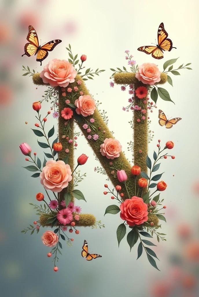 Alphabet "N" image with floral & butterfly in portrait background