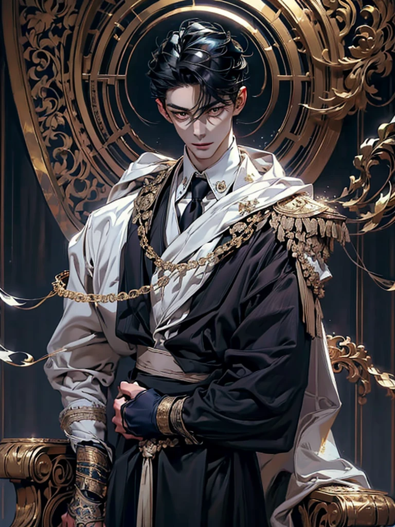 lamplight, Handsome men, golden eyes, (Focus eyes, The eyes are bright), (focus face), Medium long black hair, pale-skinned, ear piercings, medium skin, dark blue coat, Meticulous suit, gold accessories on clothes, dark blue ties (perfect anatomia:1.2), Highqualityshadow, natural lighting, (White highlights:1.2),overcast day, (starrysky), (shining)