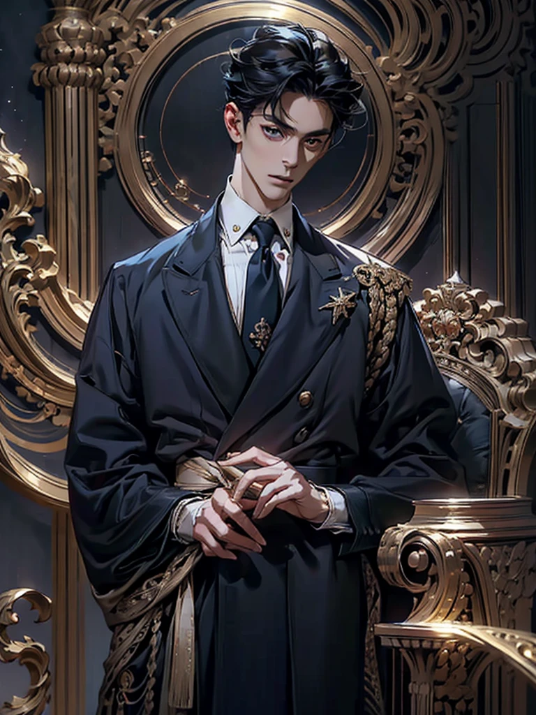 lamplight, Handsome men, golden eyes, (Focus eyes, The eyes are bright), (focus face), Medium long black hair, pale-skinned, ear piercings, medium skin, dark blue coat, Meticulous suit, gold accessories on clothes, dark blue ties (perfect anatomia:1.2), Highqualityshadow, natural lighting, (White highlights:1.2),overcast day, (starrysky), (shining)