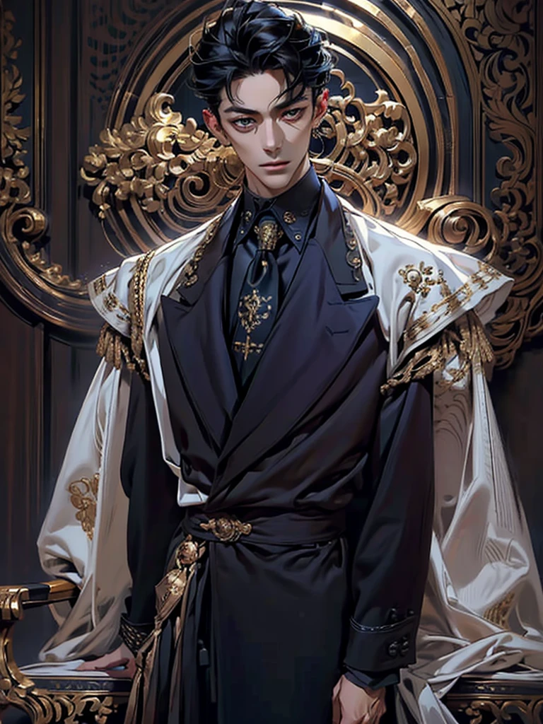 lamplight, Handsome men, golden eyes, (Focus eyes, The eyes are bright), (focus face), Medium long black hair, pale-skinned, ear piercings, medium skin, dark blue coat, Meticulous suit, gold accessories on clothes, dark blue ties (perfect anatomia:1.2), Highqualityshadow, natural lighting, (White highlights:1.2),overcast day, (starrysky), (shining)