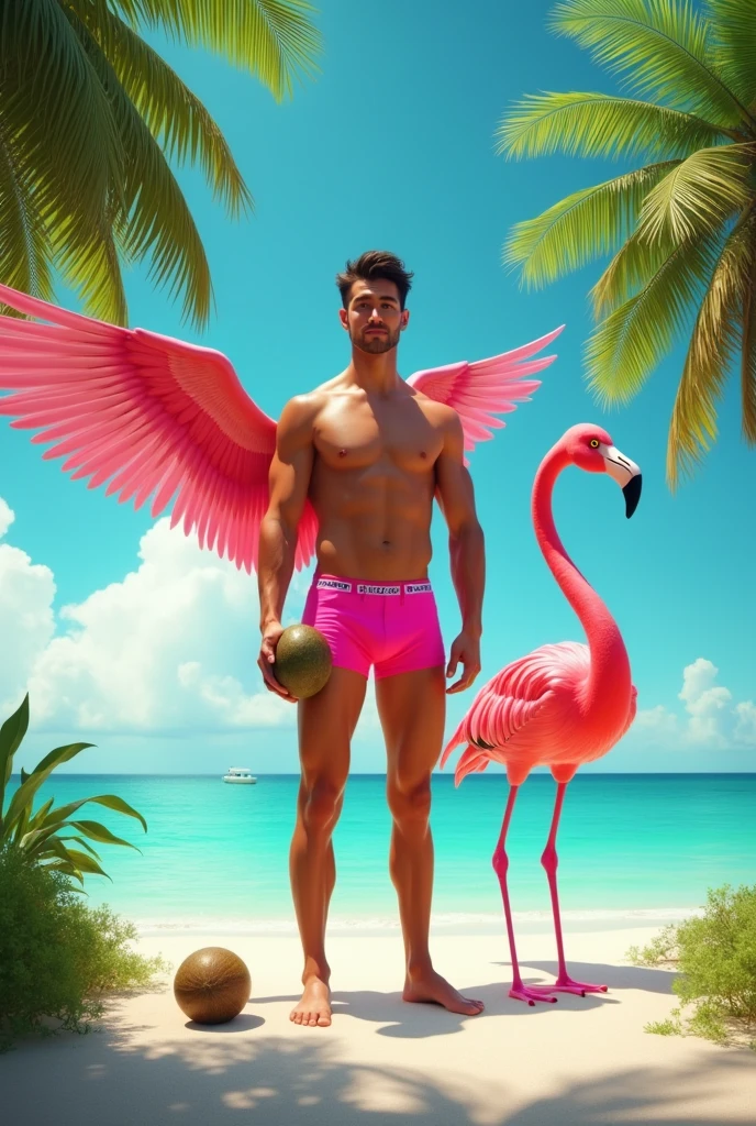 A young handsome tall skinny white man on the beach with coconut in his hand with pink boxer shorts and a real winged flamingo next to him