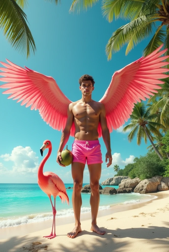 A young handsome tall skinny white man on the beach with coconut in his hand with pink boxer shorts and a real winged flamingo next to him