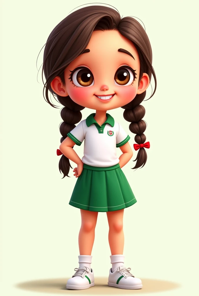 Cartoon girl with braids, Mexico sports uniform white polo, green skirt and white sneakers