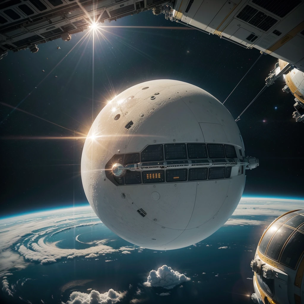 Futuristic scientific space station. close to the sun its white color being bathed by the intense light of the sun causing shadows to the station of spherical shape with thrusters