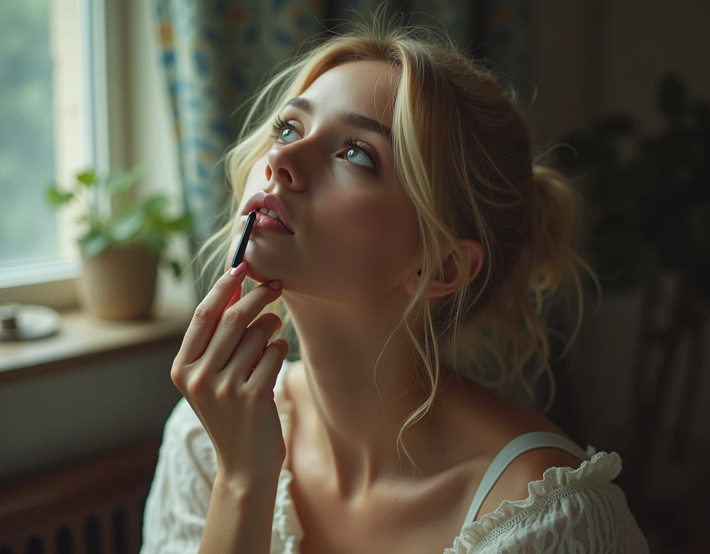 Close-up of the middle of the chest. blonde, 20 year, tilting your head back slightly, brings pen to lips as if dreaming of someone. Inside the house.Provence. haze. 超detailded. Provence. Foggy . High grain film. retro photography, David Hamilton Style. Analog photography. grainy. nymph.