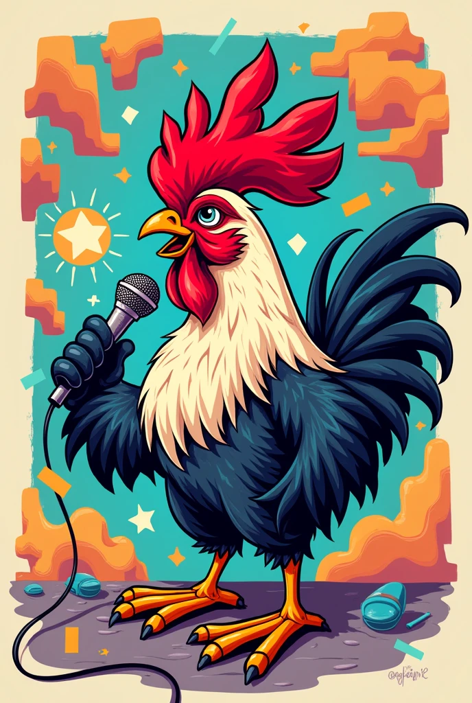 Some graffiti-type letters that say EL COMPA CHUY with pastel colors and even a fighting cock with a microphone, high-quality image for social networks