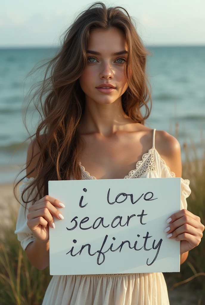 Beautiful girl with wavy long hair, bohemian dress, holding a white board with text "I Love Seaart Infinity" and showing it to the viewer