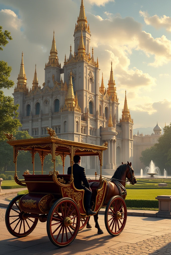 a person in a carriage leaving a golden castle