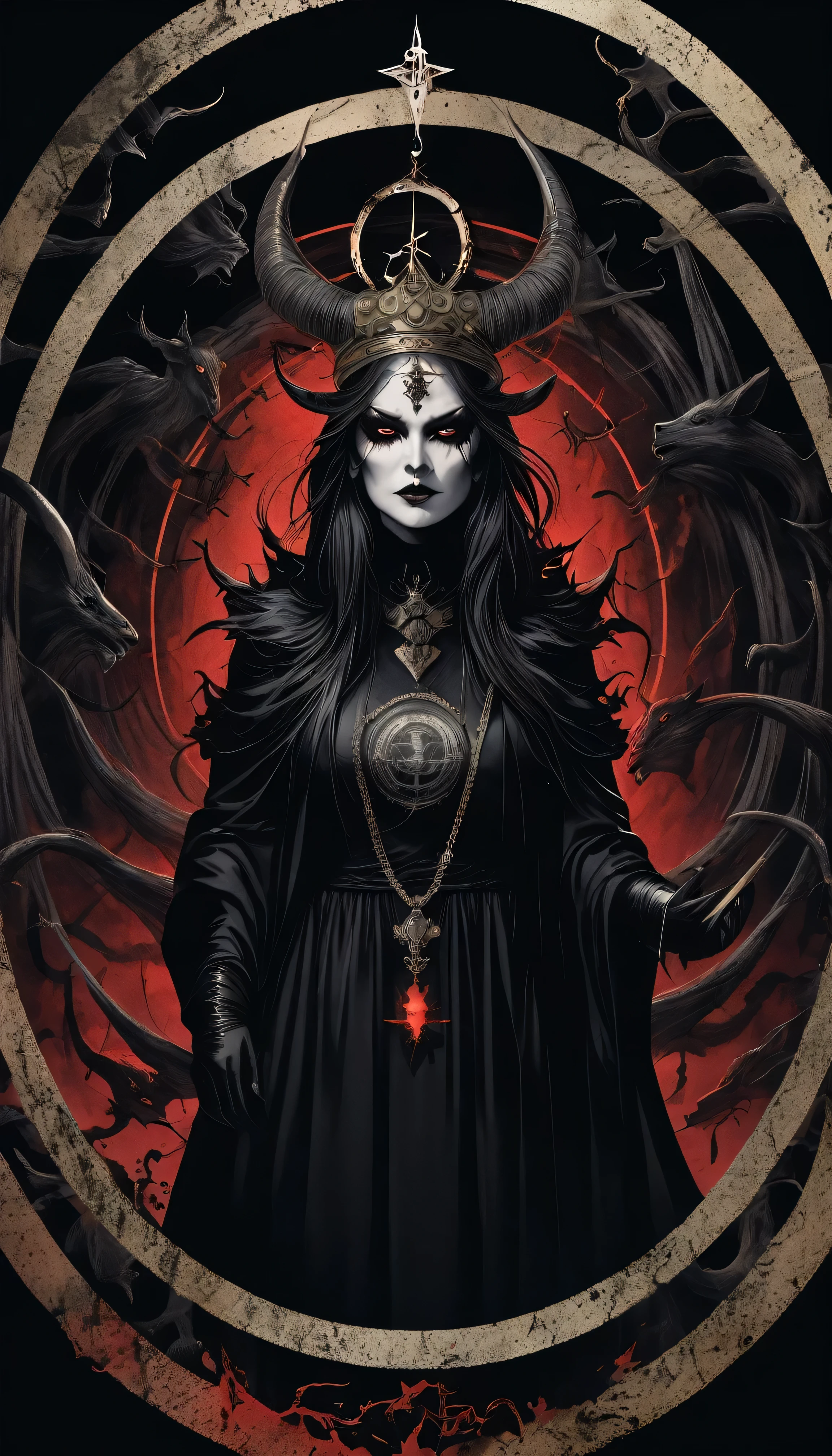 Illustration for the album cover, with a black metal frame, a scary female figure with ram horns and a crown, some satanic symbols around it, a small circle around the image, high resolution
