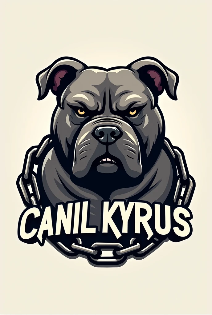 Create a logo with an image of a low American Bully with chains and the phrase CANIL KYRUS written on it 